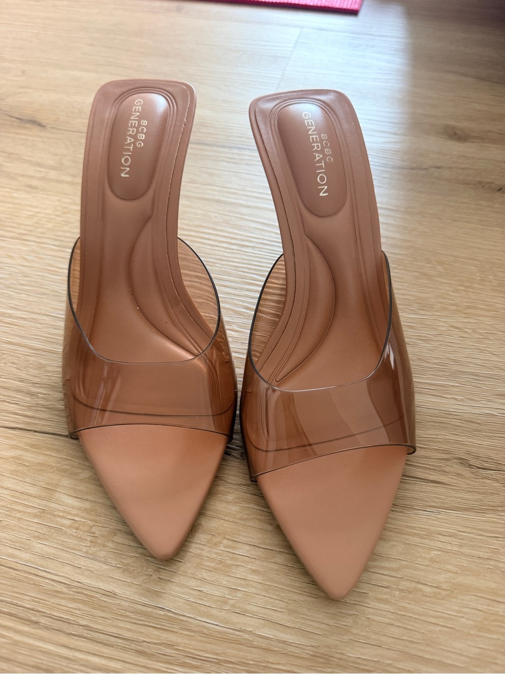 NWOT BCBGeneration Womens Tan Clear Mule Heels